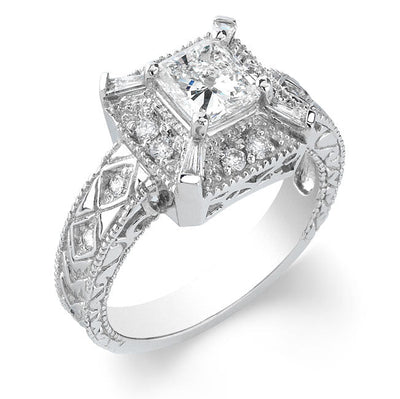 Vintage Style Engraved Halo Diamond Engagement Ring