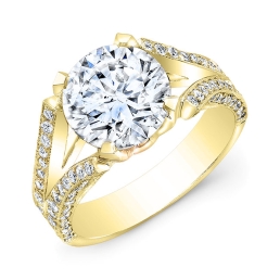 Modern Style Engraved Split Shank Diamond Engagement Ring-18k Yellow Gold