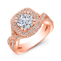 Vintage Style Twisted Shank Engraved Halo Diamond Engagement Ring -14k Rose Gold
