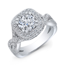 Vintage Style Twisted Shank Engraved Halo Diamond Engagement Ring -18k White Gold