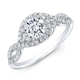 Modern Style Twisted Shank Diamond Halo Engagement Ring -14k White Gold