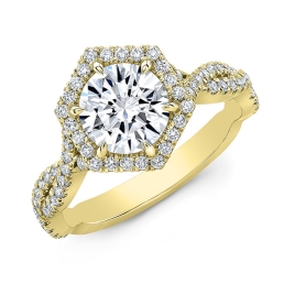 Modern Style Twisted Shank Diamond Halo Engagement Ring -18k Yellow Gold