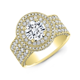 Art Deco Style Double Halo Diamond Engagement Ring -14k Yellow Gold