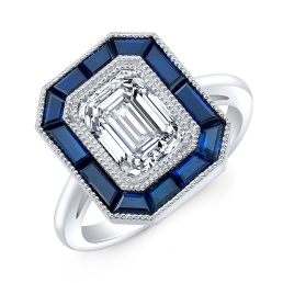 Art Deco Style Engraved Halo Blue Sapphire Engagement Ring SMP21056-Platinum