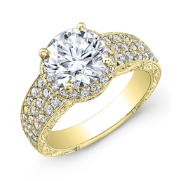 Vintage Style Hand Engraved Diamond Engagement Ring-14k Yellow Gold