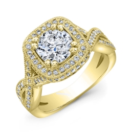 Vintage Style Twisted Shank Engraved Halo Diamond Engagement Ring -18k Yellow Gold