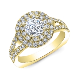 Modern Style Split Shank Double Halo Diamond Engagement Ring-18k Yellow Gold