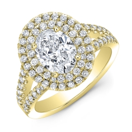 Modern Style Split Shank Double Halo Diamond Engagement Ring -18k Yellow Gold