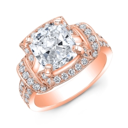 Vintage Style Engraved Halo Diamond Engagement Ring -14k Rose Gold