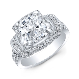 Vintage Style Engraved Halo Diamond Engagement Ring -18k White Gold