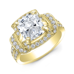 Vintage Style Engraved Halo Diamond Engagement Ring -18k Yellow Gold