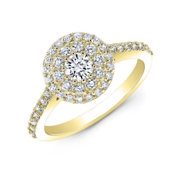 Cluster Style Double Halo Diamond Engagement Ring-18k Yellow Gold