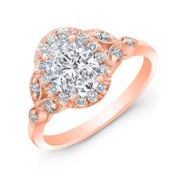 Vintage Style Hand Engraved Halo Diamond Engagement Ring -14k Rose Gold