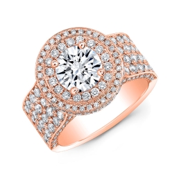 Art Deco Style Double Halo Diamond Engagement Ring -14k Rose Gold