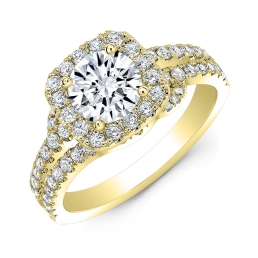 Split Shank Style Diamond Halo Engagement Ring -14k Yellow Gold