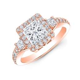 Modern Style 3-Stone Halo Diamond Engagement Ring-14k Rose Gold