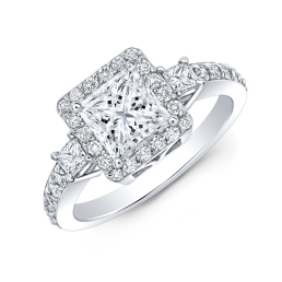 Modern Style 3-Stone Halo Diamond Engagement Ring-18k White Gold