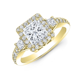 Modern Style 3-Stone Halo Diamond Engagement Ring-14k Yellow Gold