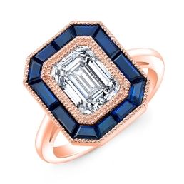 Art Deco Style Engraved Halo Blue Sapphire Engagement Ring SMP21056-18k Rose Gold