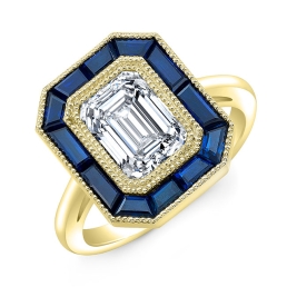 Art Deco Style Engraved Halo Blue Sapphire Engagement Ring SMP21056-14k Yellow Gold
